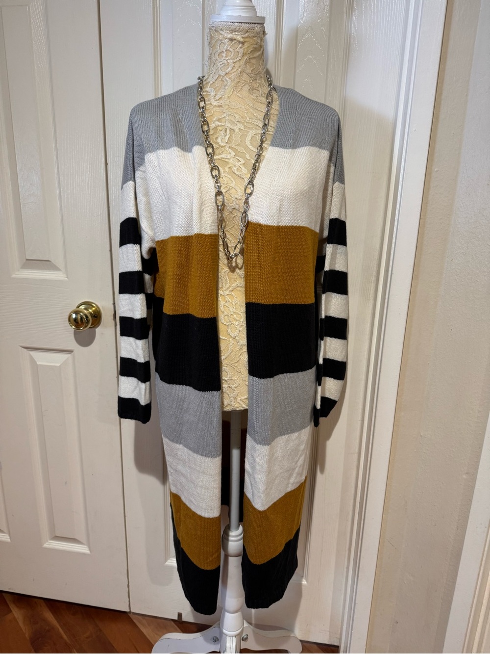 Open-Front Long Stripe Cardigan in Gray, White, Black & Mustard